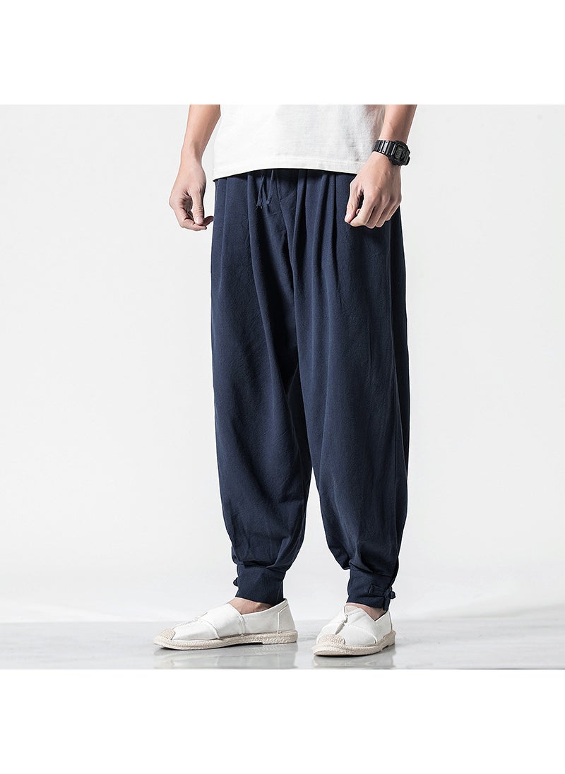 Unisex Cotton Linen Monk Pants Loose Drawstring-free Coffee