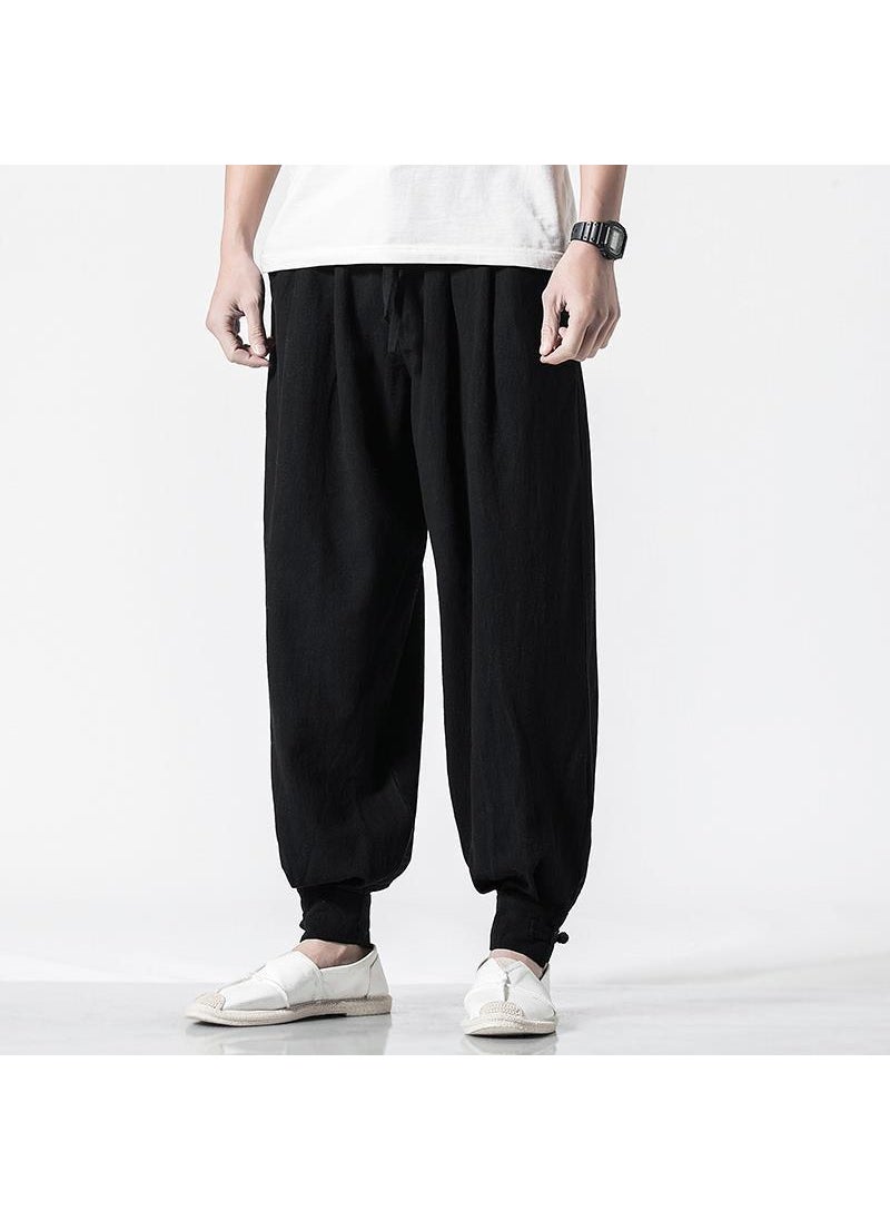 Unisex Cotton Linen Monk Pants Loose Summer Spring Navy blue