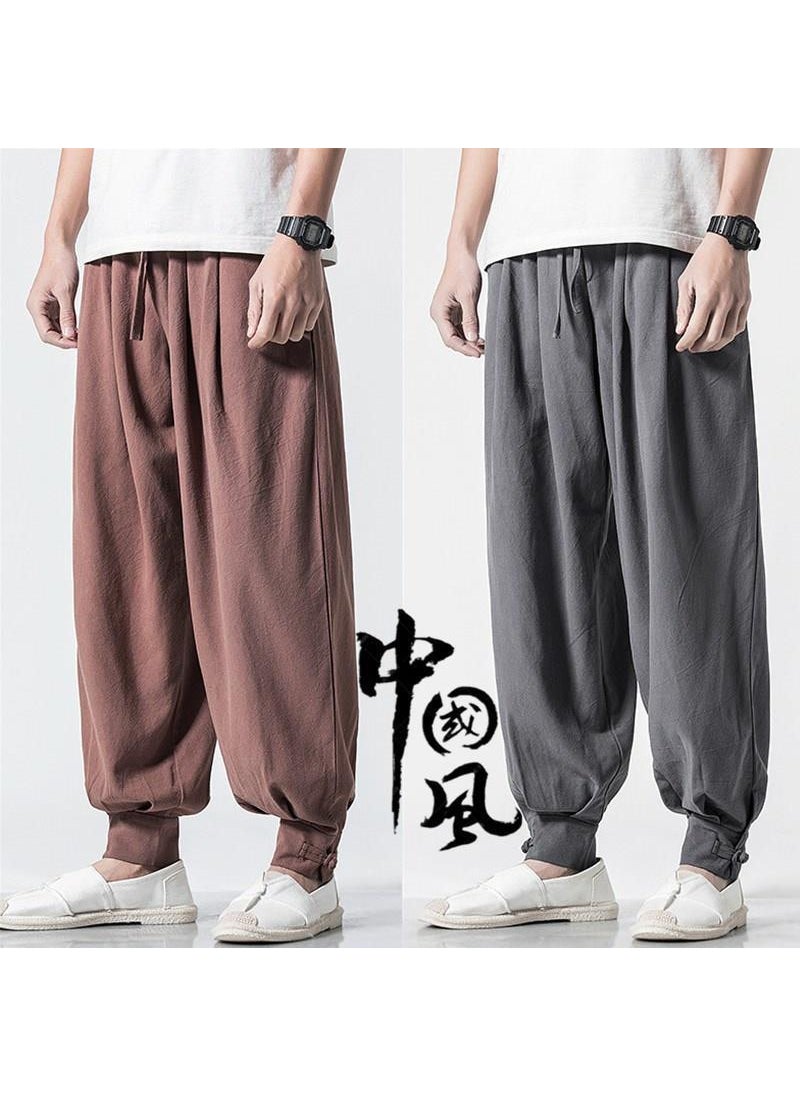 Unisex Cotton Linen Monk Pants Loose Summer Spring Black