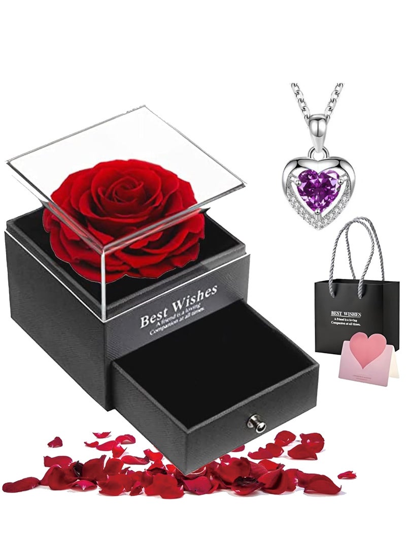 Adando Eternal Rose with Gift Box Cute Eternal Red Rose Set with I Love You Necklace Handmade Preserved Rose Jewelry Box for Mom/Wife/Girlfriend A Romantic Gift for Her