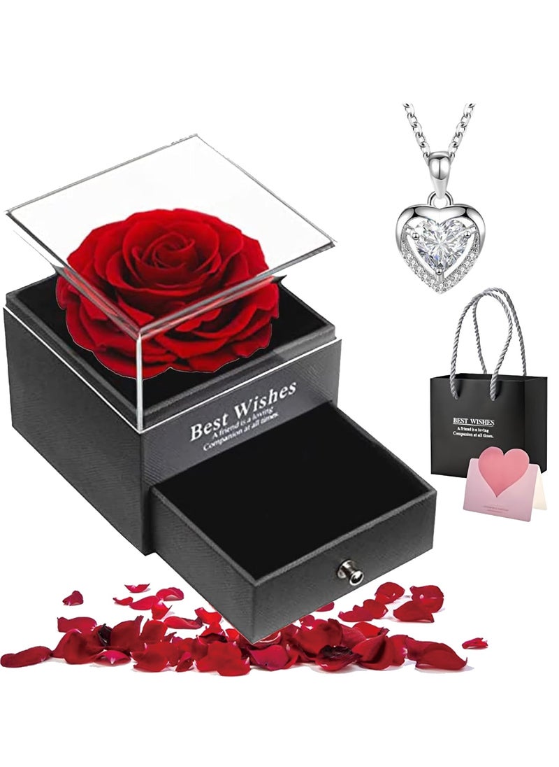 Adando Eternal Rose with Gift Box Cute Eternal Red Rose Set with I Love You Necklace Handmade Preserved Rose Jewelry Box for Mom/Wife/Girlfriend A Romantic Gift for Her