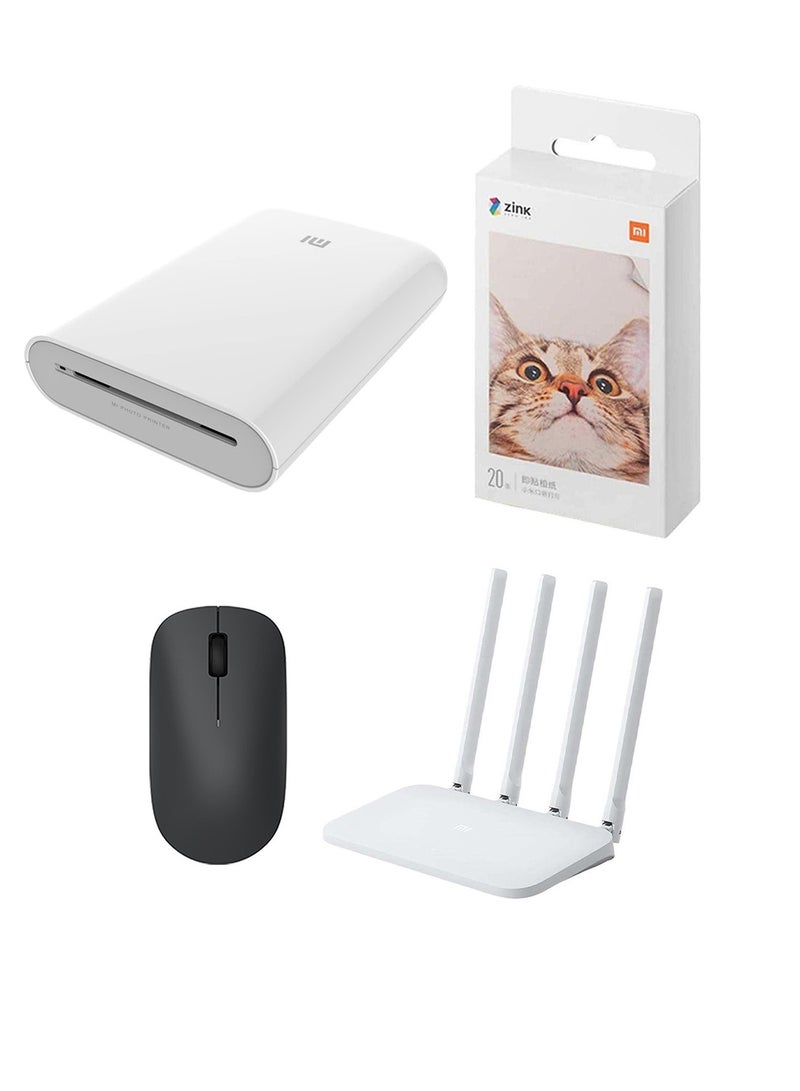 Memories To Go Pack Bundle - Portable Photo 300dpi Pocket Mini AR With DIY Share 500 mAh Image Zinc Paper Printer + Portable Photo Printer Paper Self Adhesive Photo Paper 20 Sheets + Mi Router 4A Gigabit Edition | 1200 Mbps | Dual-Core CPU | Up to 64 Devices + Wireless Mouse Lite 1000DPI Multicolour