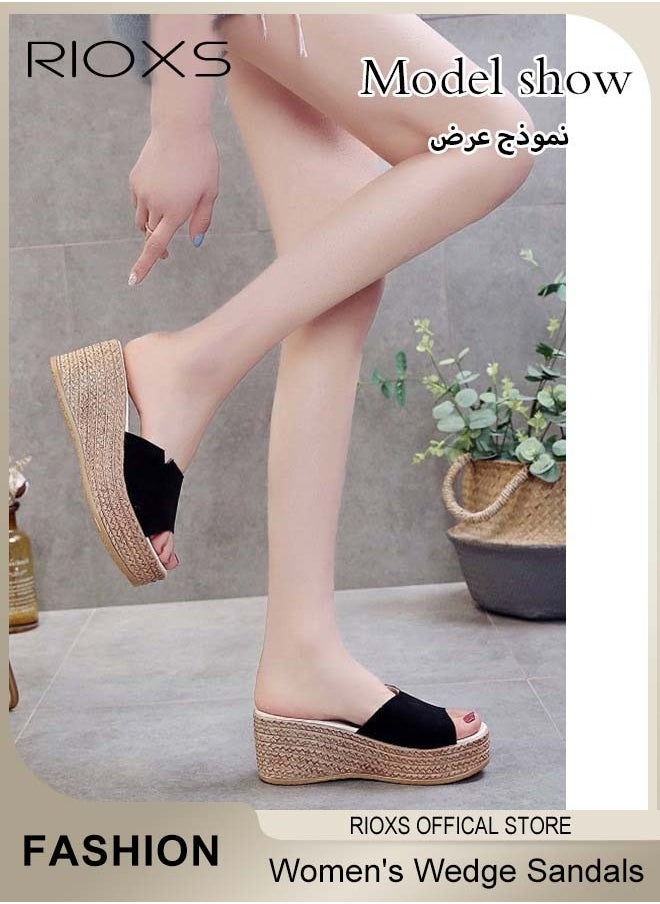 Women's Casual Wedge Slipper, Open Toe Suede Platform Sandal, Comfort Slip On Wedge Sandals, Fashion Platform Shoes, Non Slip Thick Sole Sandals With Arch Support, Beach Slide For Indoor Or Outdoor Use