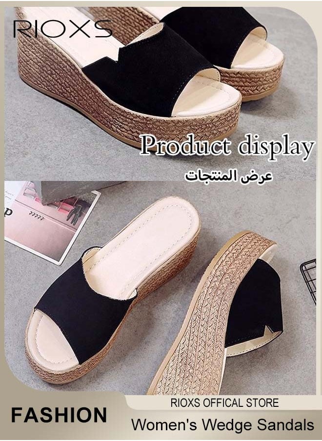 Women's Casual Wedge Slipper, Open Toe Suede Platform Sandal, Comfort Slip On Wedge Sandals, Fashion Platform Shoes, Non Slip Thick Sole Sandals With Arch Support, Beach Slide For Indoor Or Outdoor Use