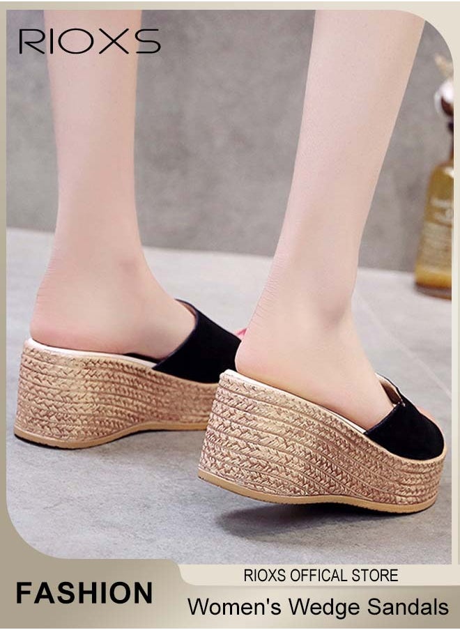 Women's Casual Wedge Slipper, Open Toe Suede Platform Sandal, Comfort Slip On Wedge Sandals, Fashion Platform Shoes, Non Slip Thick Sole Sandals With Arch Support, Beach Slide For Indoor Or Outdoor Use