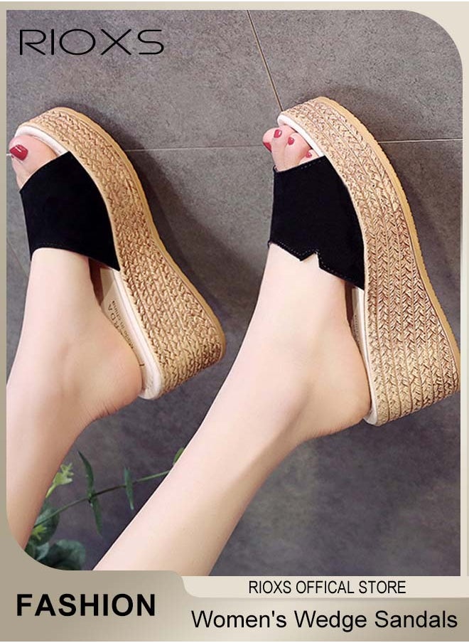 Women's Casual Wedge Slipper, Open Toe Suede Platform Sandal, Comfort Slip On Wedge Sandals, Fashion Platform Shoes, Non Slip Thick Sole Sandals With Arch Support, Beach Slide For Indoor Or Outdoor Use