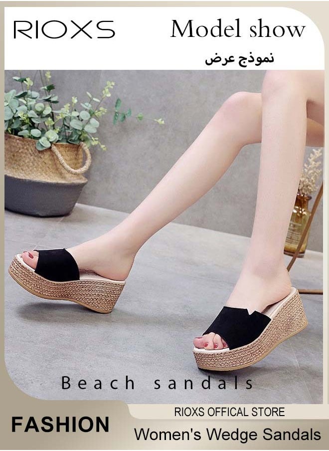 Women's Casual Wedge Slipper, Open Toe Suede Platform Sandal, Comfort Slip On Wedge Sandals, Fashion Platform Shoes, Non Slip Thick Sole Sandals With Arch Support, Beach Slide For Indoor Or Outdoor Use