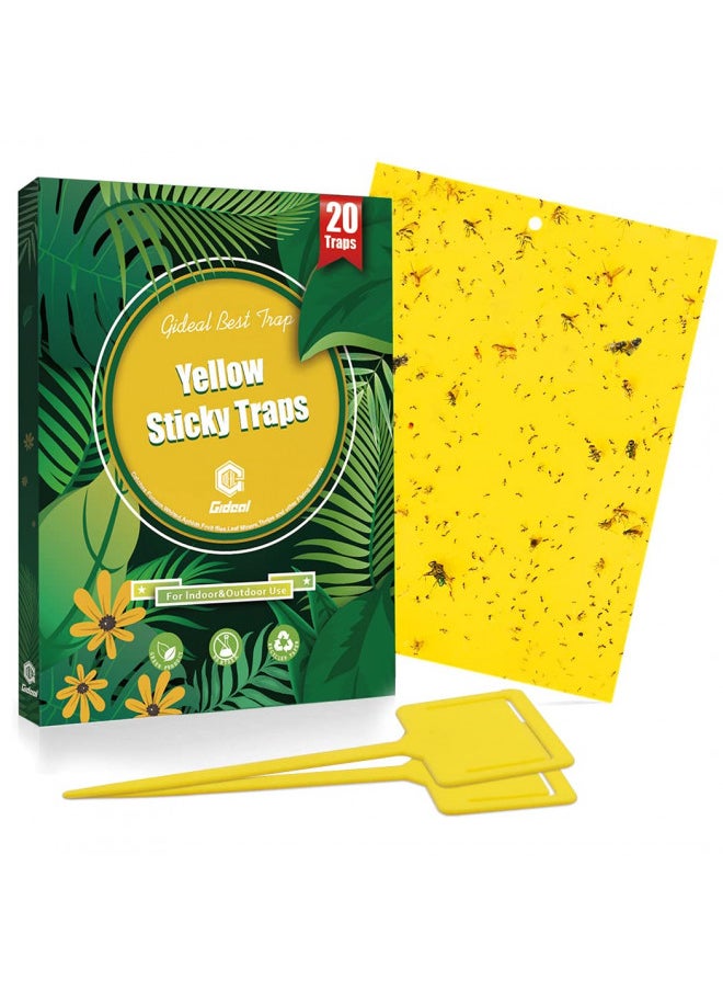 Gideal 20-Pack Dual-Sided Yellow Sticky Traps for Flying Plant Insect Such as Fungus Gnats, Whiteflies, Aphids, Leafminers,Thrips - (6x8 Inches, Included 20pcs Twist Ties)