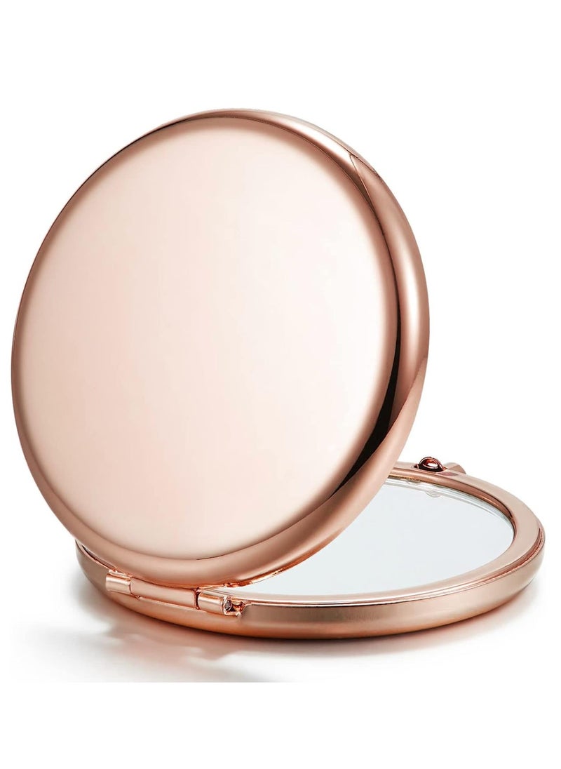 Compact Mirror for Purse, Double-Sided 1X/2X Magnifying Metal Pocket Makeup Mirrors(Round, Rose Gold)