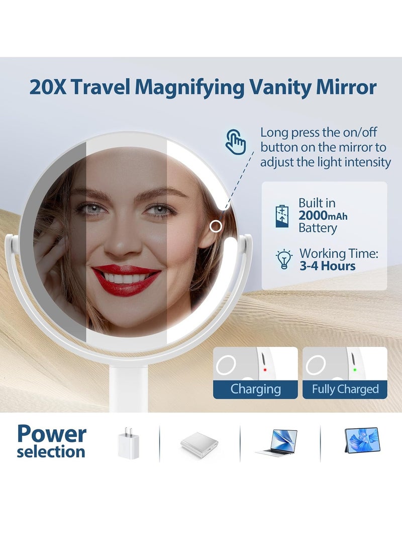 Lighted Makeup Mirror, 20X Magnifying Mirror with Light and Adjustable Brightness, Vanity Mirror with 3 Color Light, 2-Sided Tabletop Mirror, Detachable Travel Makeup Mirror with Light 8.8 In