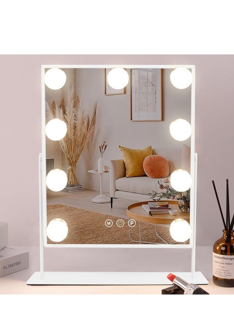 COOLJEEN Vanity Mirror with Lights, 9 Led Bulbs Lighted Makeup Mirror with Detachable 10X Magnification Mirror, Hollywood Mirror 3 Color Lights Tabletop Makeup Mirror, 360°Rotation