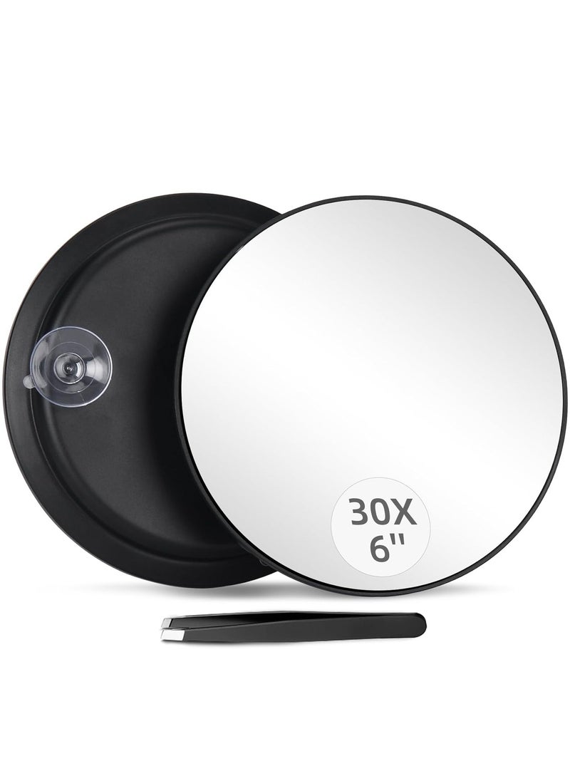 Round 30X Magnifying Mirror, 6 Inch Magnified Mirror with Three Mounting Suction Cups, Compact Magnifying Mirror and Tweezers, 30X Magnification Travel Makeup Kit for Shaving,Blackhead Blemish Removal