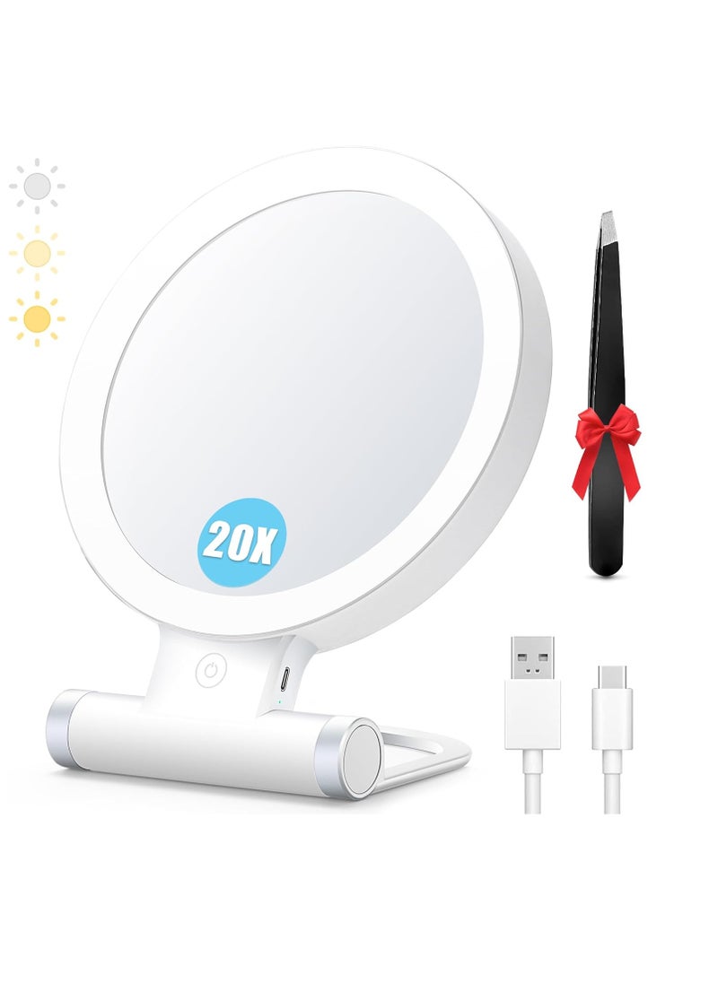 MIYADIVA 20X Magnifying Mirror with Light, Travel Magnifying Mirror, 1X/20X Vanity Mirror with Light, Adjustable Handle Travel Makeup Mirror, Touch Switch Light up Mirror for Plucking Eyebrows