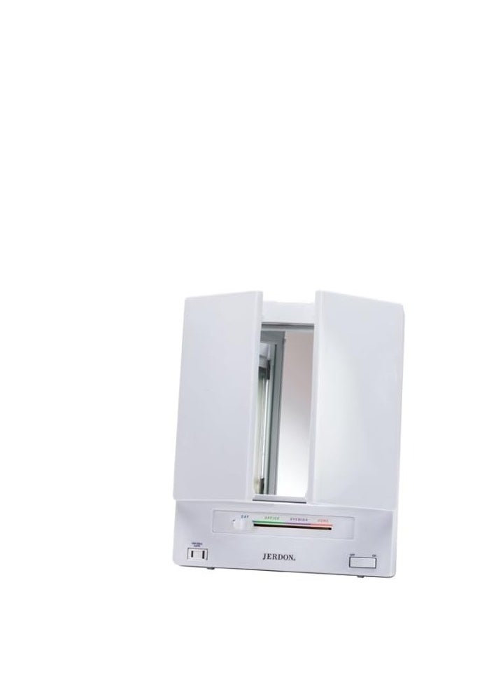 JERDON Tri-Fold Two-Sided Makeup Mirror with Lights - Vanity Mirror with 5X-1X Magnification & Multiple Light Settings - White - Model JGL9W