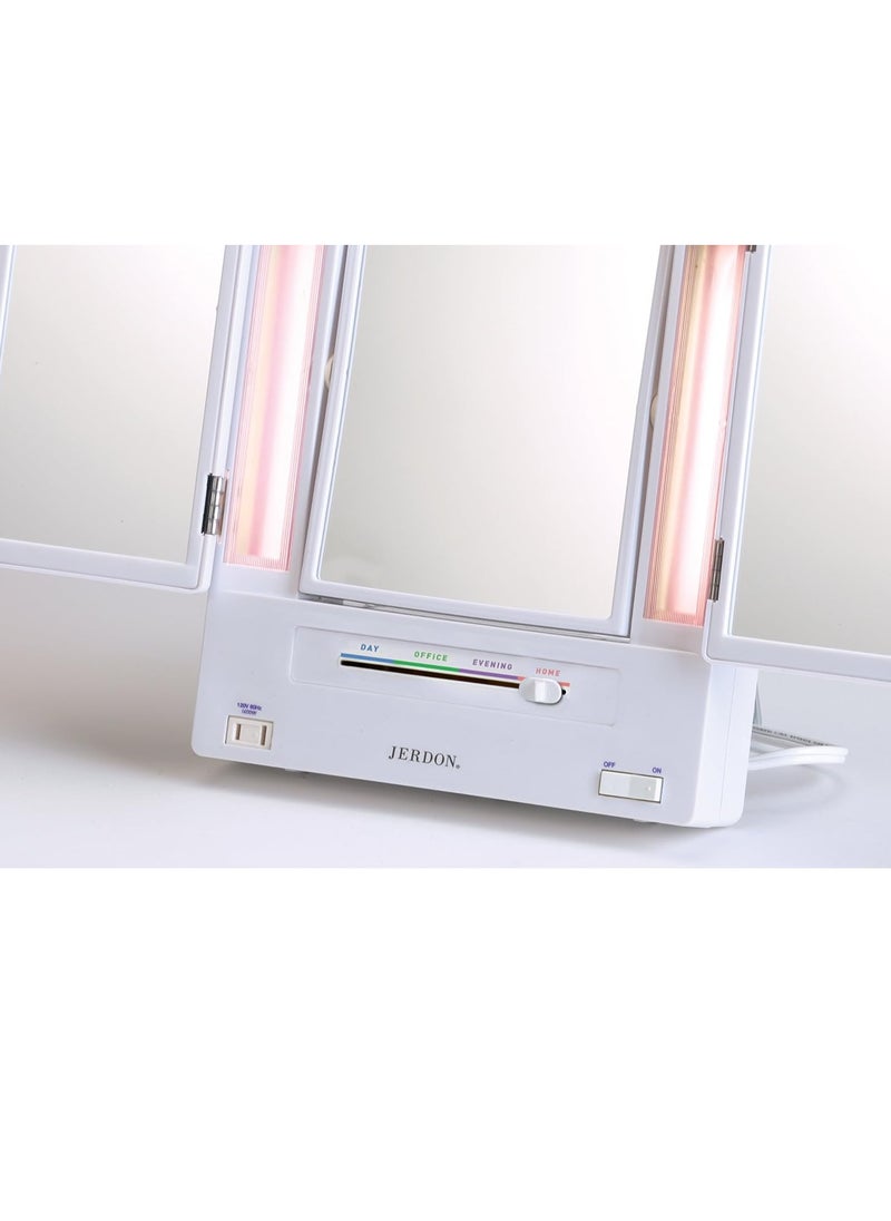 JERDON Tri-Fold Two-Sided Makeup Mirror with Lights - Vanity Mirror with 5X-1X Magnification & Multiple Light Settings - White - Model JGL9W