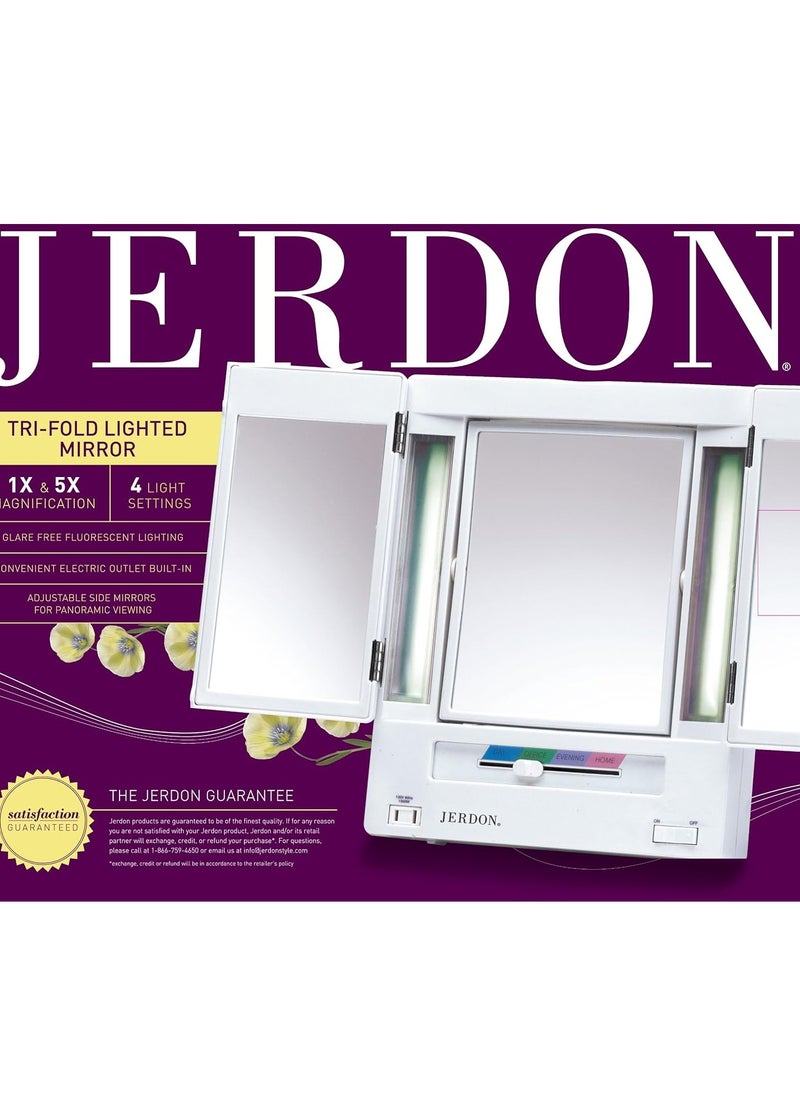 JERDON Tri-Fold Two-Sided Makeup Mirror with Lights - Vanity Mirror with 5X-1X Magnification & Multiple Light Settings - White - Model JGL9W