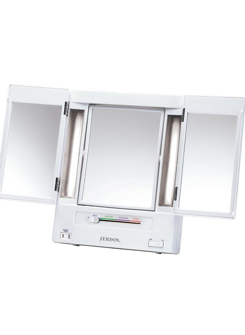 JERDON Tri-Fold Two-Sided Makeup Mirror with Lights - Vanity Mirror with 5X-1X Magnification & Multiple Light Settings - White - Model JGL9W