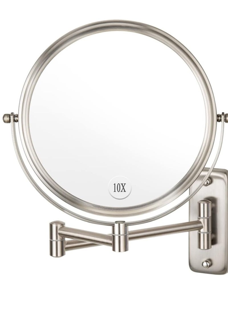 Wall Mounted Makeup Mirror - 10x Magnification 8'' Two-Sided Swivel Extendable Bathroom Mirror Nickel Finish