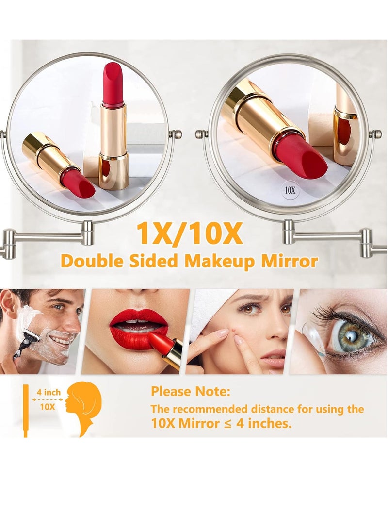 Wall Mounted Makeup Mirror - 10x Magnification 8'' Two-Sided Swivel Extendable Bathroom Mirror Nickel Finish