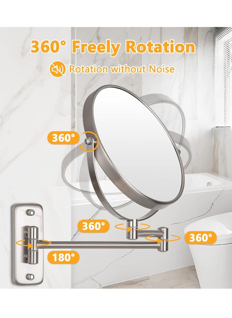 Wall Mounted Makeup Mirror - 10x Magnification 8'' Two-Sided Swivel Extendable Bathroom Mirror Nickel Finish
