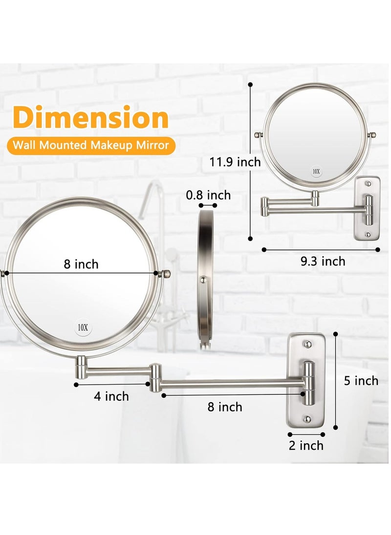 Wall Mounted Makeup Mirror - 10x Magnification 8'' Two-Sided Swivel Extendable Bathroom Mirror Nickel Finish