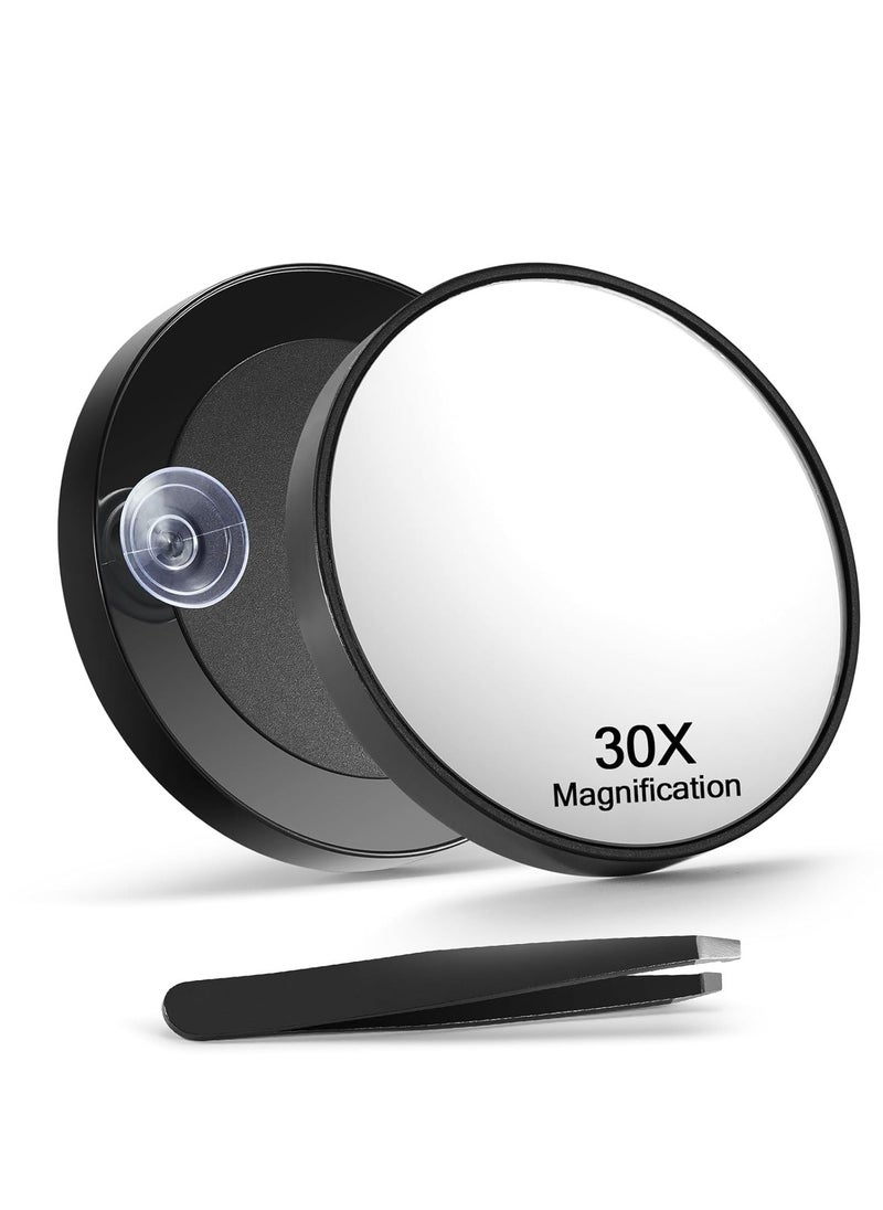 30X Magnifying Mirror with 2 Suction Cups, 3.5 inches Magnified Makeup Mirror and Slant Tweezers,Black，1PC