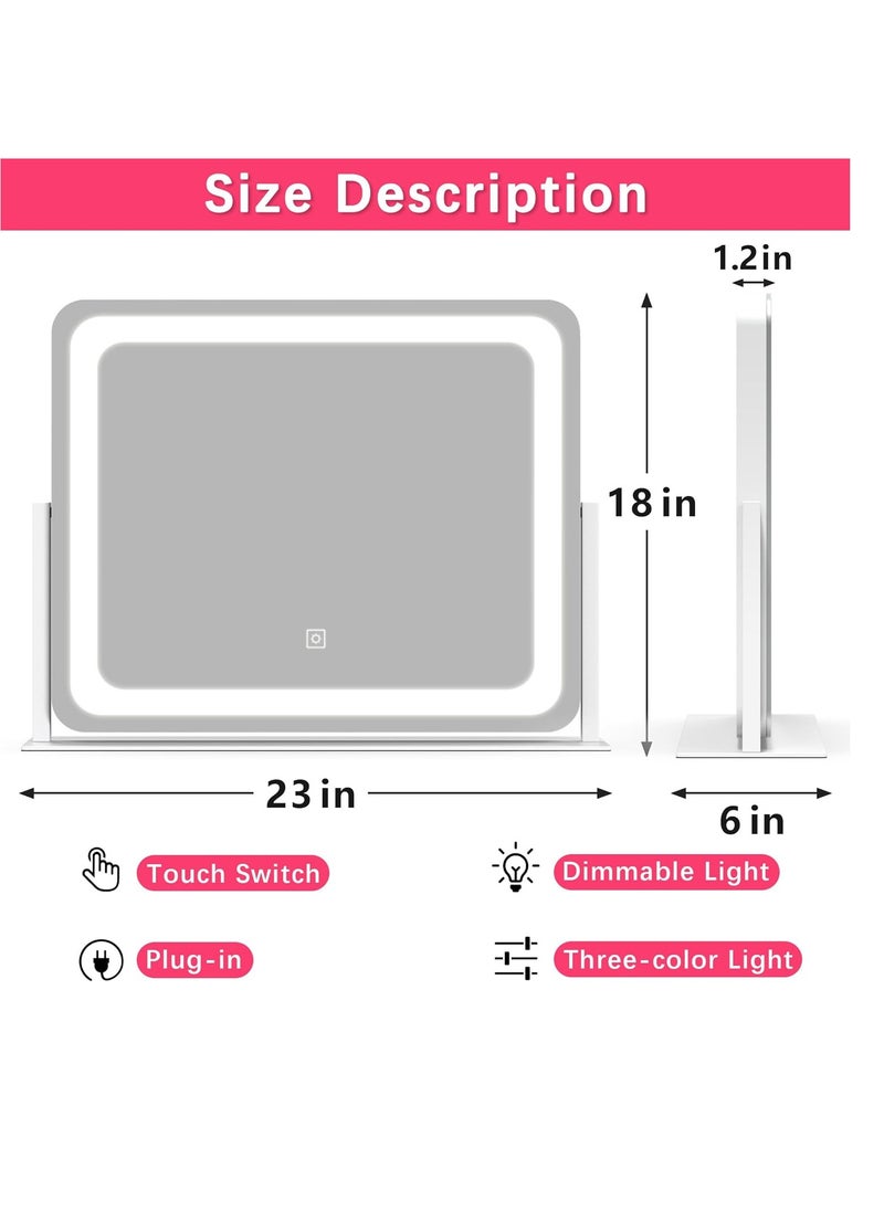 Vanity Mirror Makeup Mirror with Lights, Large Lighted Vanity Mirror, Light Up Mirror with Smart Touch 3 Colors Dimmable, Tabletop Mirror for Makeup Desk, 360° Rotation, 22