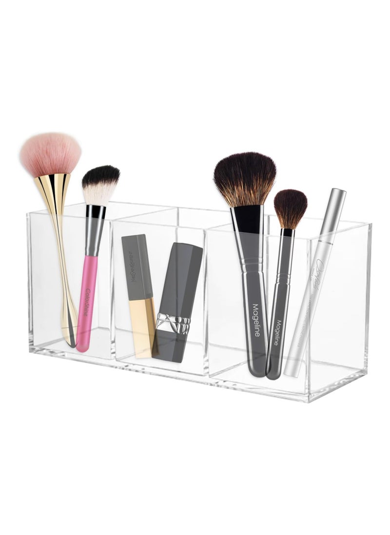 Makeup Brush Holder – Clear Acrylic Makeup Organizer with 3 Compartments, Cosmetic Storage Container for Brushes, Eyeliner, Lipstick, and Makeup Essentials