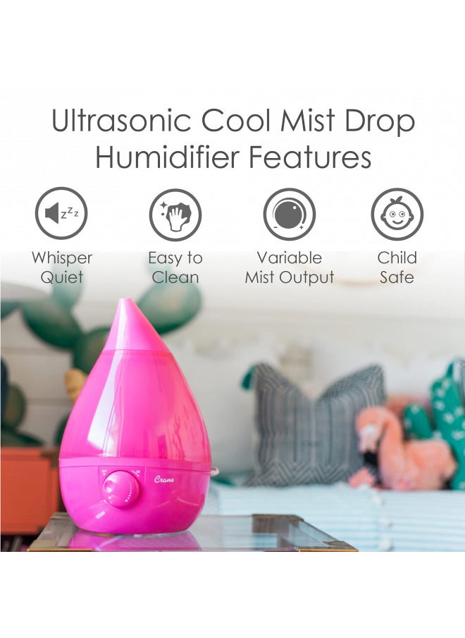 Crane Ultrasonic Humidifiers for Bedroom and Office, 1 Gallon Cool Mist Air Humidifier for Large Room and Home, Humidifier Filters Optional, Pink