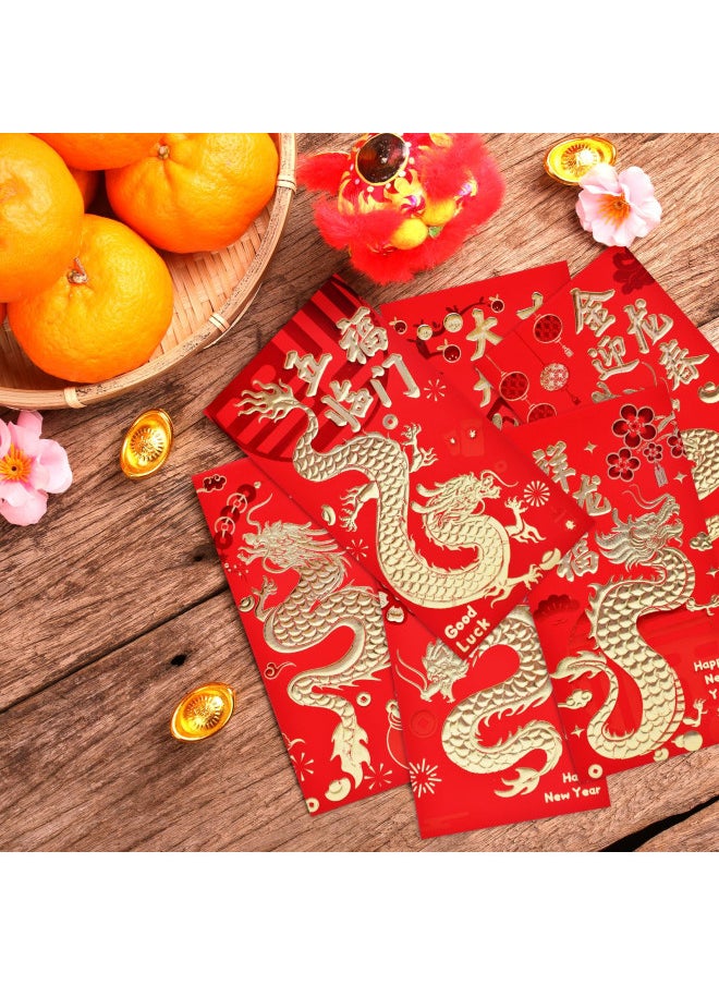 6 Patterns 36 Pcs Chinese New Year Red Envelopes 2024-3.5 x 6.7 inch Lucky Dragon Hong Bao Red Pocket Envelope for Money, Embossed Foil Chinese Lunar Envelopes for Spring Festival Wedding Birthday