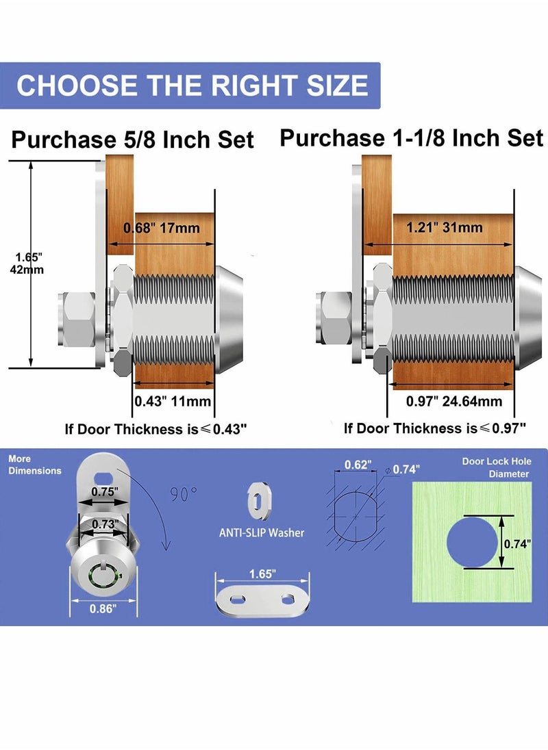 Cabinet Cam Lock Set 3 Pack 5/8 Inch Cylinder Locks Secure File Drawer Dresser RV Replacement Hardware Chrome Finish Zinc Alloy