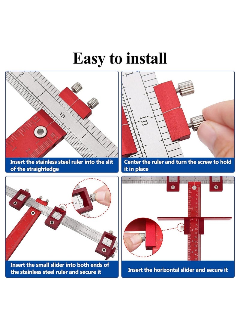 Cabinet Hardware Jig Tool, Adjustable Punch Locator Drill Template Guide, Multifunctional Woodworking Aids Wood Drilling Dowelling Guide For Installation of Handles Knobs on Doors And Drawer (Red)