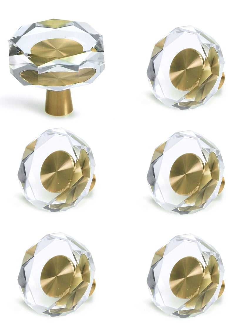 Knobs for Cabinet, Satin Brass Crystal Gold Cabinet Vintage, Glass and Pulls Dresser Drawer, Kitchen Bathroom 6 Pcs