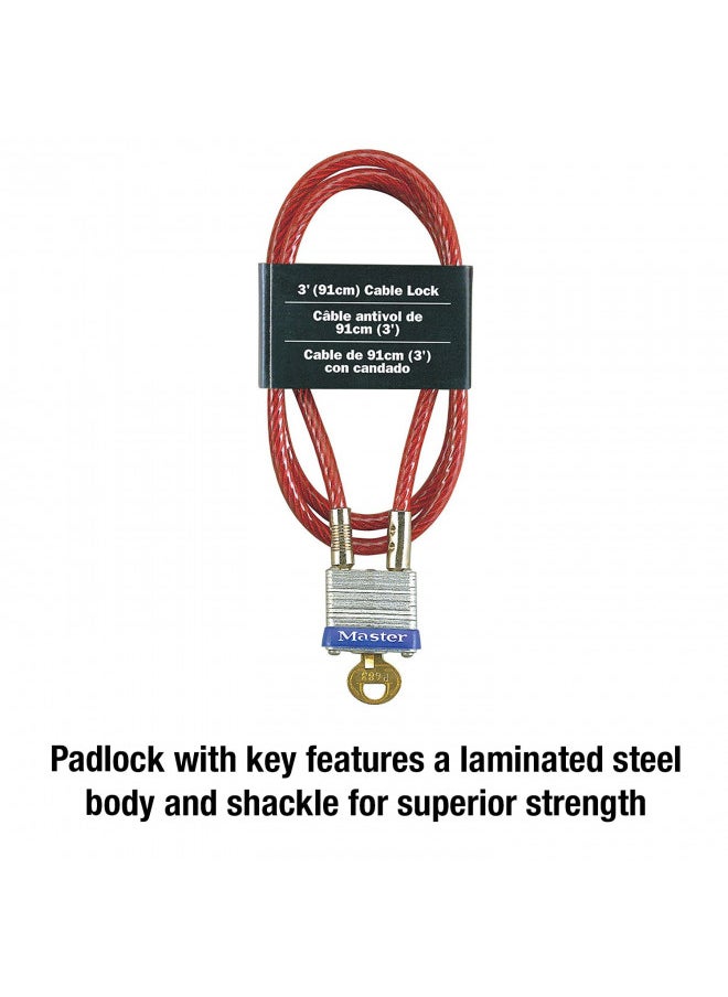 Master Lock 719D Steel Cable with Integrated Outdoor Padlock with Key, 1 Pack, Silver, 3' Long x 3/16' Diameter