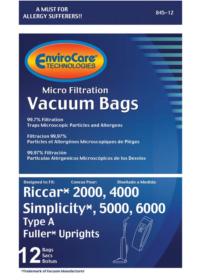 EnviroCare Replacement Micro Filtration Vacuum Cleaner Dust Bags made to fit Riccar 2000, 4000 and Vibrance Series. Simplicity 5000, 6000 and Symmetry Type A 12 pack