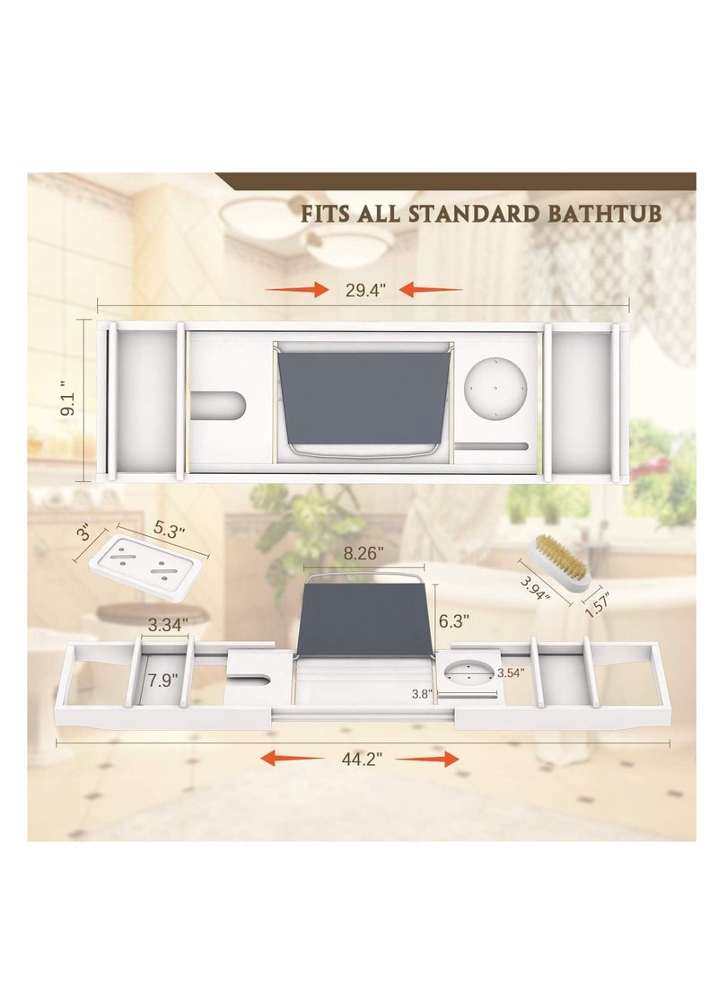 Bathtub Caddy Tray for Luxury Bath - Bamboo Waterproof Expandable Bath Table Over Tub with Book Holder and Free Soap Dish (White)