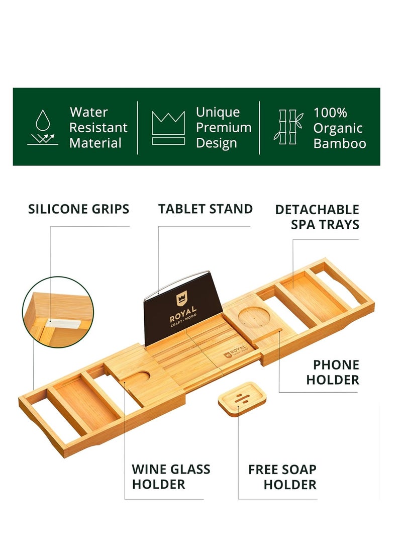 ROYAL CRAFT WOOD Premium Foldable Bathtub Tray - Expandable Bath Tray for Tub - Unique House Warming Bath Tub Tray Wood - Luxury Bathtub & Bathroom Accessories for New Home, Relaxing Spa, Women