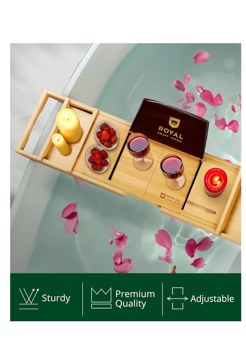 ROYAL CRAFT WOOD Premium Foldable Bathtub Tray - Expandable Bath Tray for Tub - Unique House Warming Bath Tub Tray Wood - Luxury Bathtub & Bathroom Accessories for New Home, Relaxing Spa, Women