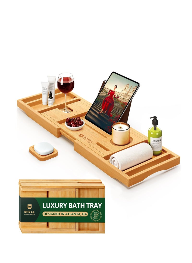 ROYAL CRAFT WOOD Premium Foldable Bathtub Tray - Expandable Bath Tray for Tub - Unique House Warming Bath Tub Tray Wood - Luxury Bathtub & Bathroom Accessories for New Home, Relaxing Spa, Women