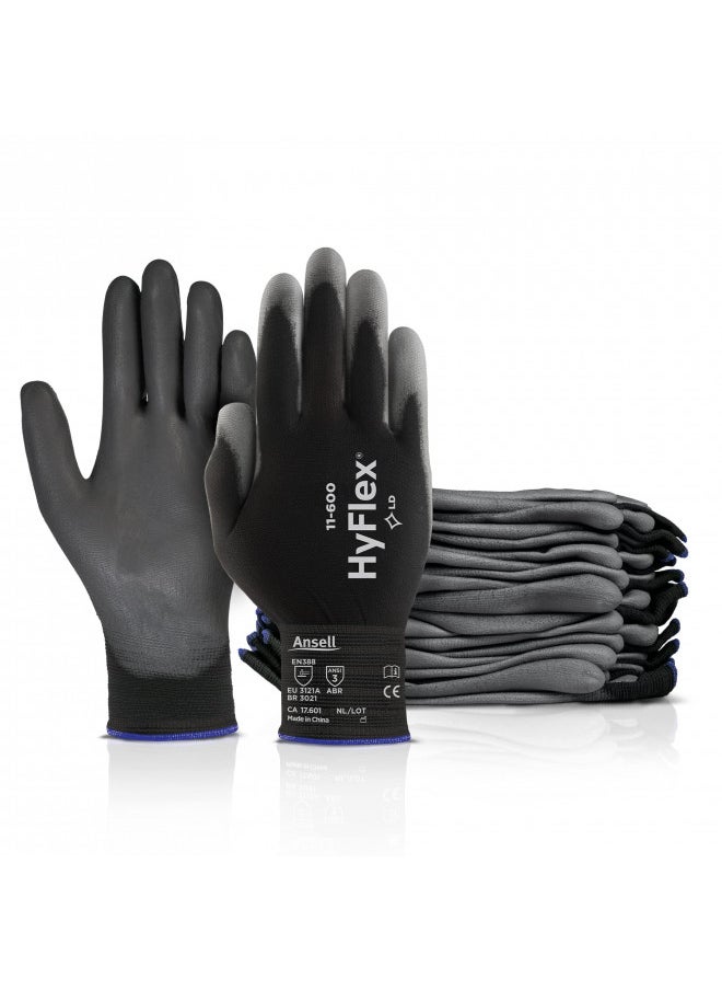 Ansell HyFlex 11-600 Nylon Polyurethane Glove, Gray Polyurethane Coating, Knit Wrist Cuff, Medium, Size 8 (Pack of 12 Pairs)