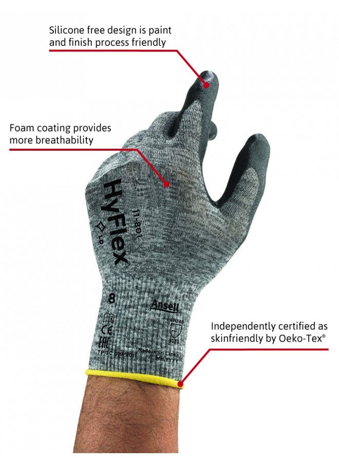 Ansell HyFlex 11-801 Nylon Glove, Black Foam Nitrile Coating, Knit Wrist Cuff, Medium, Size 8 (Pack of 12)