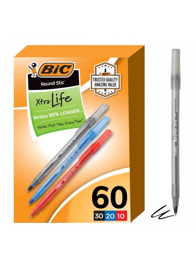 BIC Round Stic Xtra Life Assorted Ink Ballpoint Pens, Medium Point (1.0mm), 60-Count Pack of Bulk Pens, Flexible Round Barrel for Comfortable Writing, No. 1 Selling Ballpoint Pens