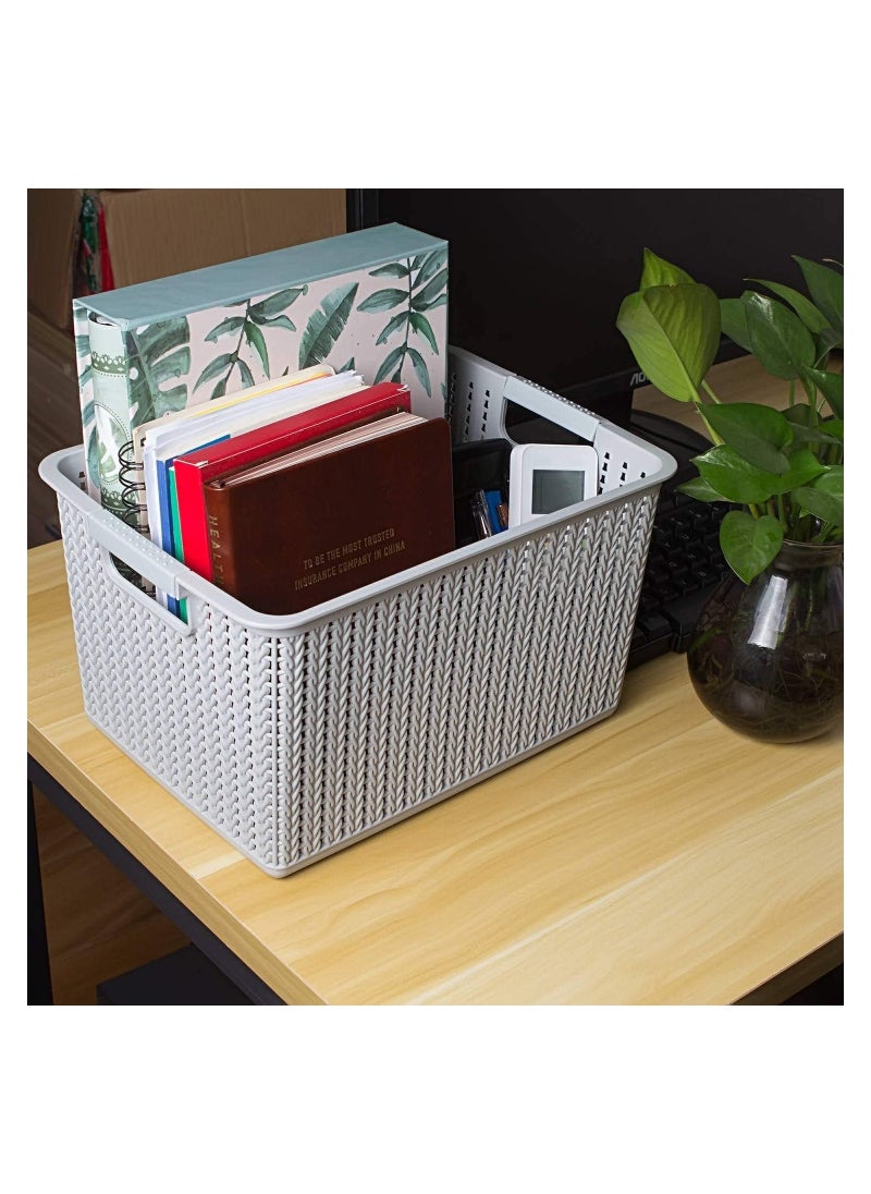 5PCS Plastic Storage Baskets, Small Woven Organizer Bin with Handles for Bathroom, Cosmetics, Health, Hair Supplies, Beauty Products and Kitchen (Grey, 10.6