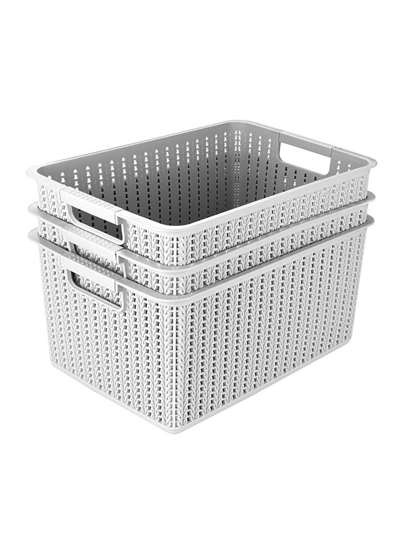 5PCS Plastic Storage Baskets, Small Woven Organizer Bin with Handles for Bathroom, Cosmetics, Health, Hair Supplies, Beauty Products and Kitchen (Grey, 10.6