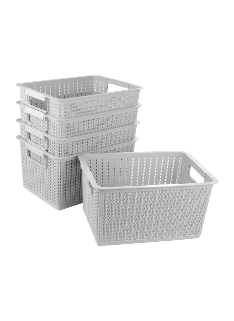 5PCS Plastic Storage Baskets, Small Woven Organizer Bin with Handles for Bathroom, Cosmetics, Health, Hair Supplies, Beauty Products and Kitchen (Grey, 10.6