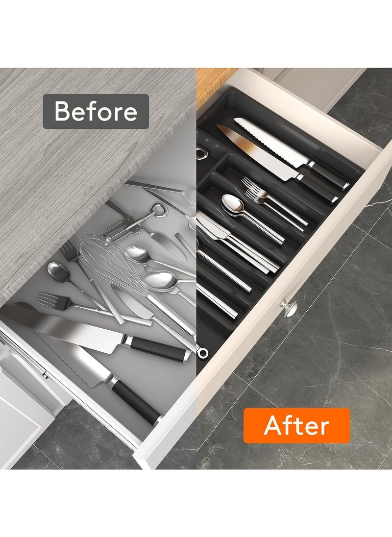 Silverware Drawer Organizer, Expandable Utensil Tray for Kitchen, BPA Free Flatware and Cutlery Holder, Adjustable Plastic Storage for Spoons Forks Knives, Large, Black