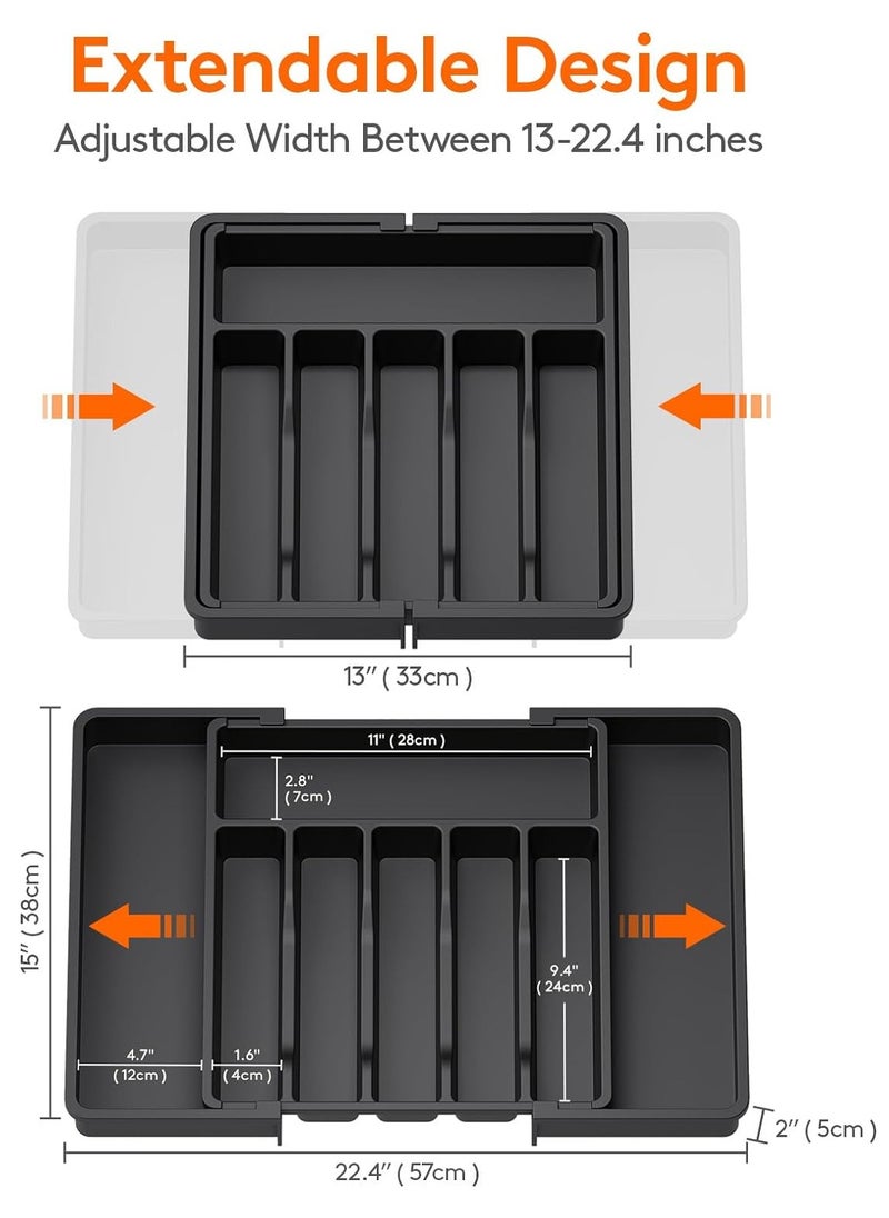 Silverware Drawer Organizer, Expandable Utensil Tray for Kitchen, BPA Free Flatware and Cutlery Holder, Adjustable Plastic Storage for Spoons Forks Knives, Large, Black