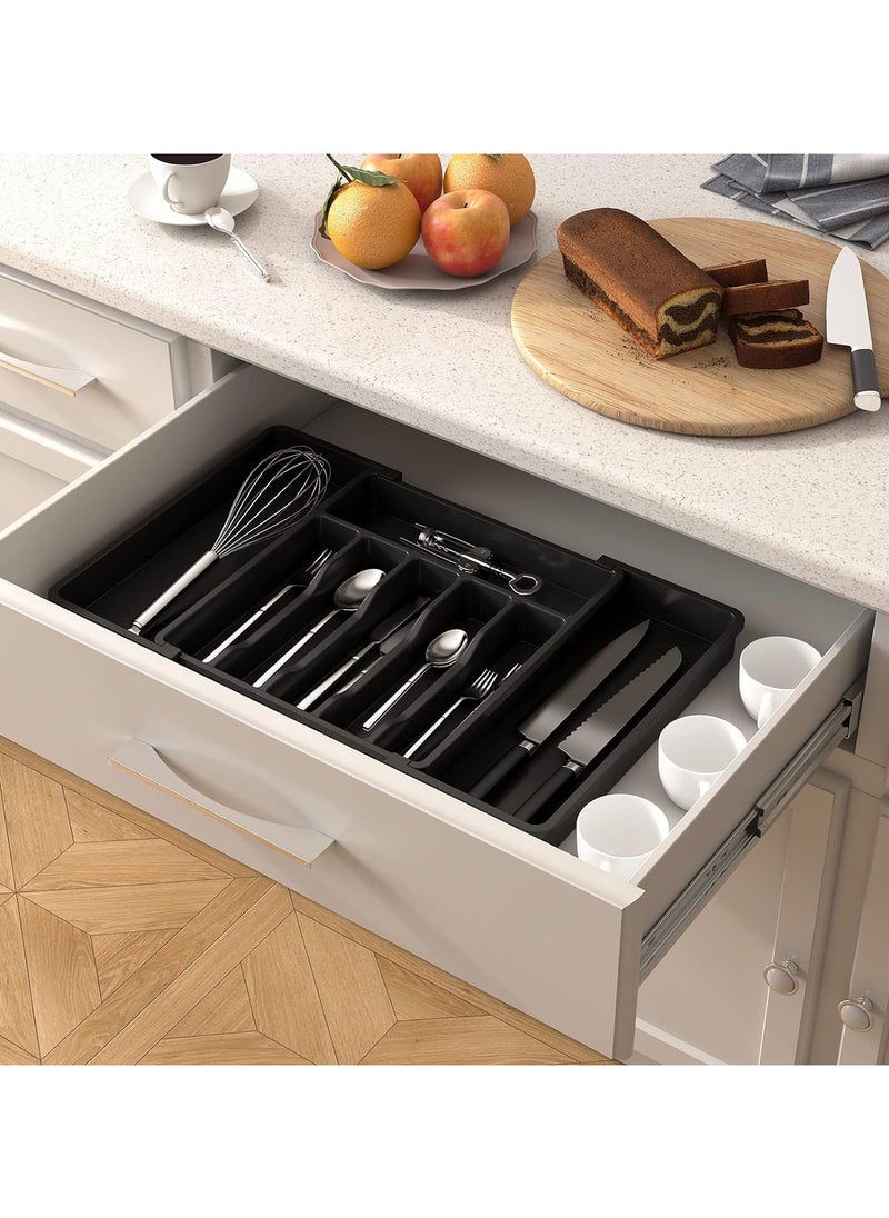 Silverware Drawer Organizer, Expandable Utensil Tray for Kitchen, BPA Free Flatware and Cutlery Holder, Adjustable Plastic Storage for Spoons Forks Knives, Large, Black