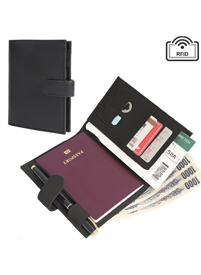 Genuine Leather Passport Holder for Man & Women, Compact Leather Passport Wallet with Card Holders SIM Slots, Zippered Coins Pocket and Cash Holder Travel Passport Cover Case(Black)