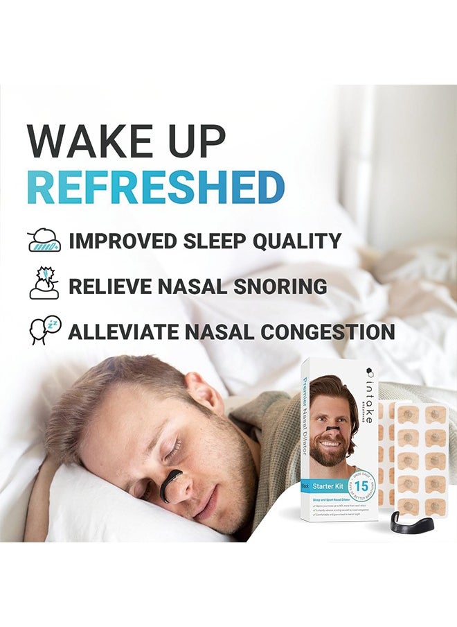 Intake Breathing Nasal Strip Starter Kit (30 Count, Black) - Boost Oxygen Intake, Reduce Snoring, Improve Sleep Quality - Sweat Resistant, Skin Safe Nasal Strips - Extra Strength Snoring Solution